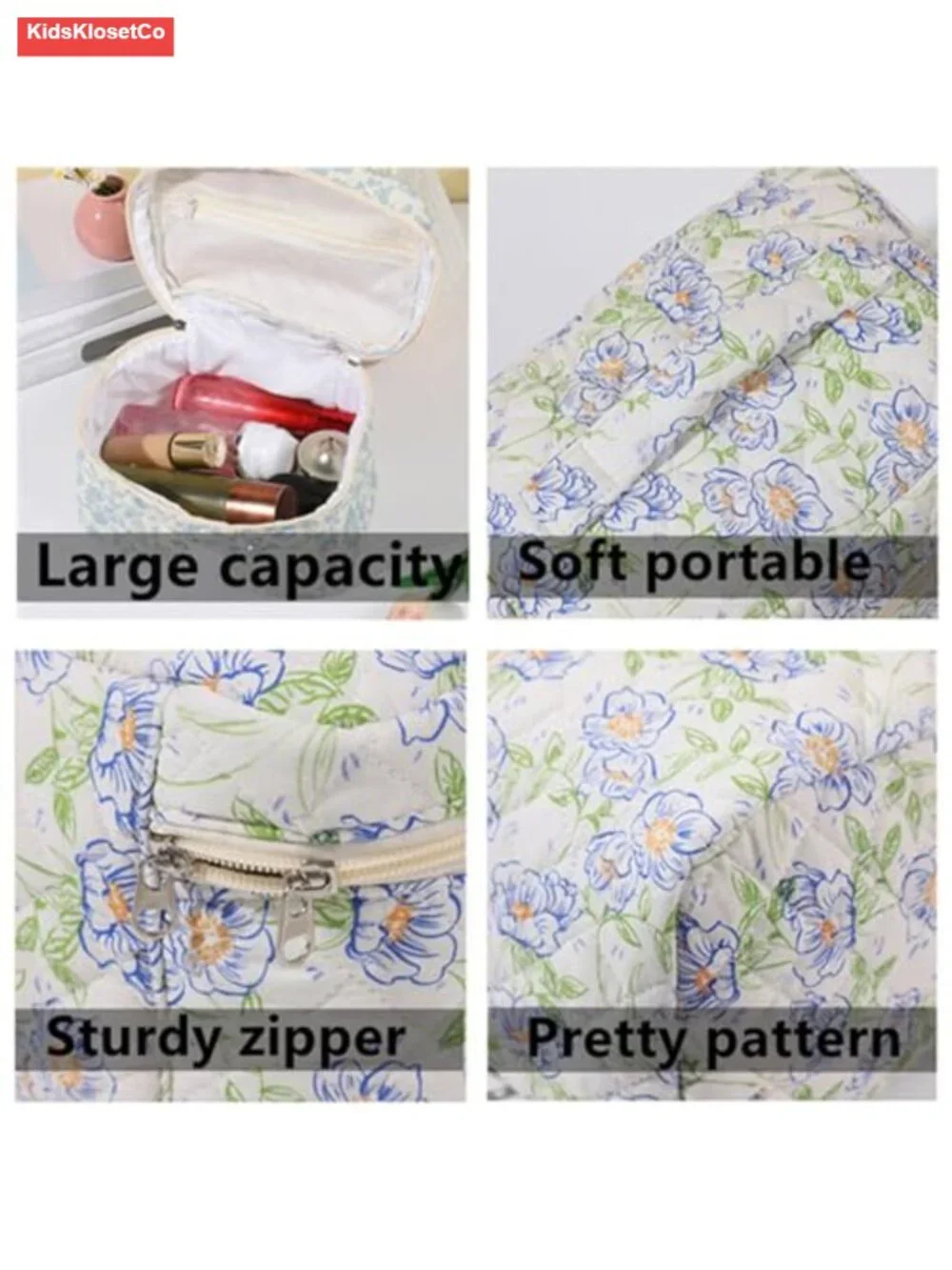 Cotton Quilted Makeup Bag Set Floral Cosmetic Toiletry Travel Organizer 3 Piece